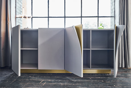 KAWOLA Sideboard EMMA Kunstleder grau Fuß Edelstahl messingfarben