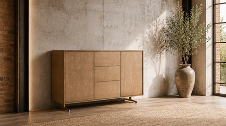 KAWOLA Sideboard GALA 2 Türen 3 Schubladen Kunstleder goldfarben Fuß Edelstahl gebürstet