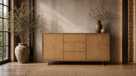 KAWOLA Sideboard GALA 2 Türen 3 Schubladen Kunstleder goldfarben Fuß Edelstahl gebürstet