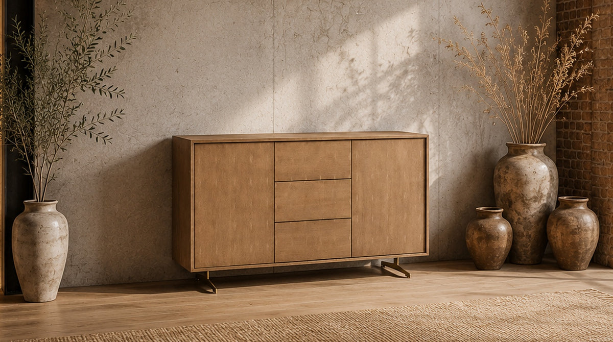 KAWOLA Sideboard GALA 2 Türen 3 Schubladen Kunstleder goldfarben Fuß Edelstahl gebürstet