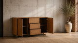 KAWOLA Sideboard GALA 2 Türen 3 Schubladen Kunstleder goldfarben Fuß Edelstahl gebürstet