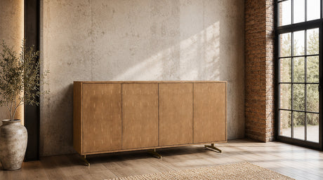 KAWOLA Sideboard GALA 4 Türen Kunstleder goldfarben Fuß Edelstahl gebürstet