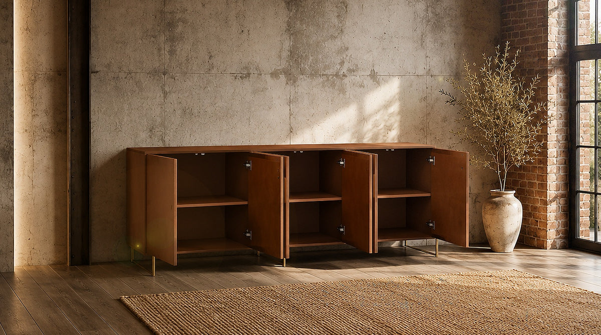 KAWOLA Sideboard GALA 4 Türen Kunstleder goldfarben Fuß Edelstahl gebürstet