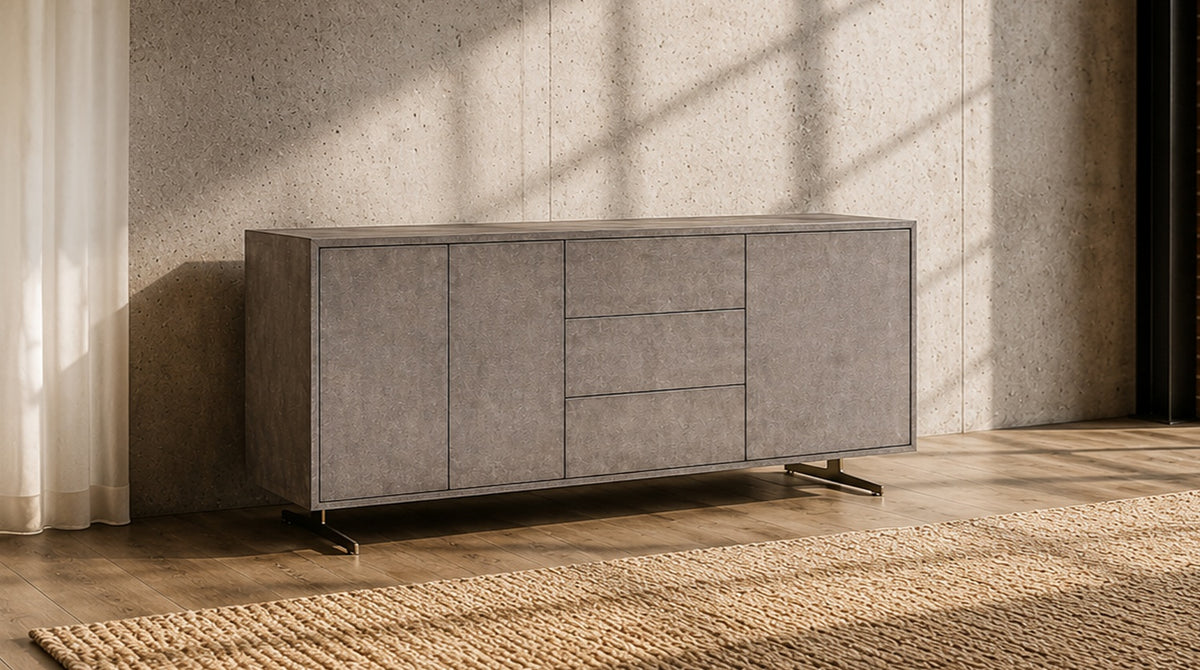 KAWOLA Sideboard GALA 4 Türen Kunstleder grau Fuß Edelstahl gebürstet