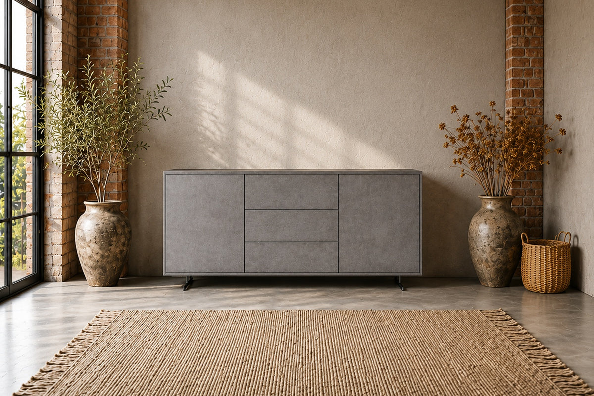KAWOLA Sideboard GALA 4 Türen Kunstleder grau Fuß Edelstahl gebürstet