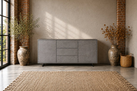 KAWOLA Sideboard GALA 4 Türen Kunstleder grau Fuß Edelstahl gebürstet