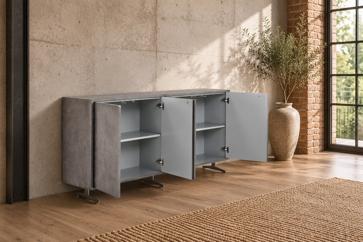 KAWOLA Sideboard GALA 4 Türen Kunstleder grau Fuß Edelstahl gebürstet