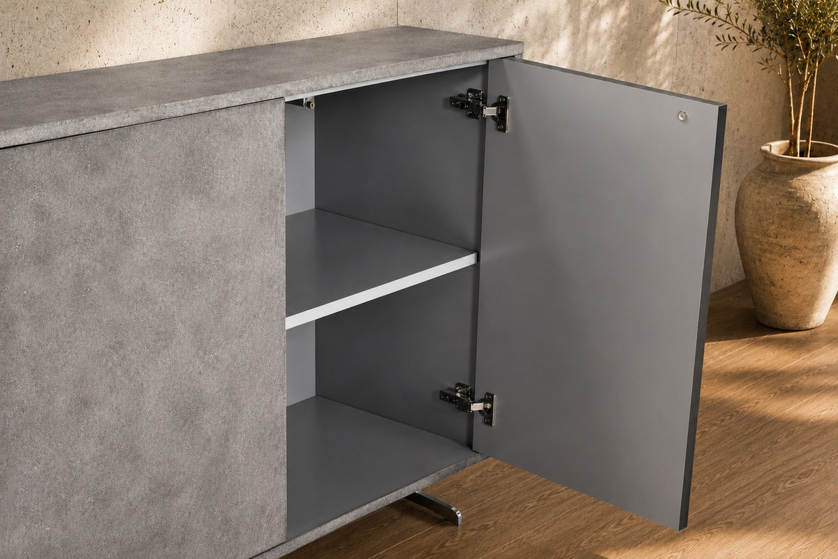 KAWOLA Sideboard GALA 4 Türen Kunstleder grau Fuß Edelstahl gebürstet