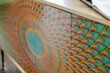 KAWOLA Sideboard LAGO 4 Türen Glas grün Fuß Edelstahl goldfarben