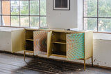 KAWOLA Sideboard LAGO 4 Türen Glas grün Fuß Edelstahl goldfarben