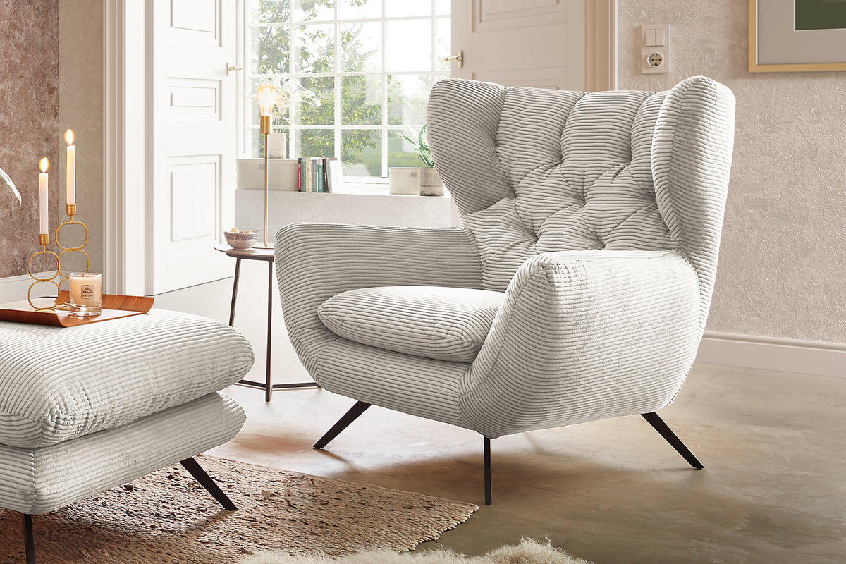 KAWOLA Sitzgruppe CHARME Sofa Sessel Hockerbank Cord cremeweiß