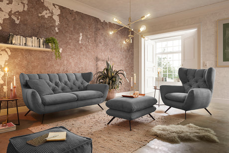 KAWOLA Sitzgruppe CHARME Sofa Sessel Hockerbank Cord grau, 3-Sitzer