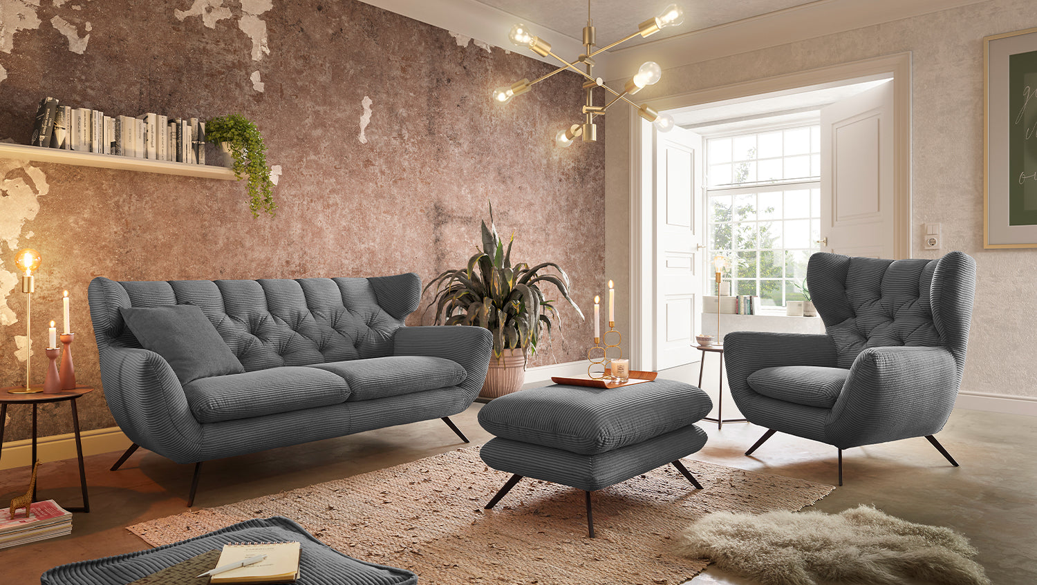 KAWOLA Sitzgruppe CHARME Sofa Sessel Hockerbank Cord grau, 4-Sitzer
