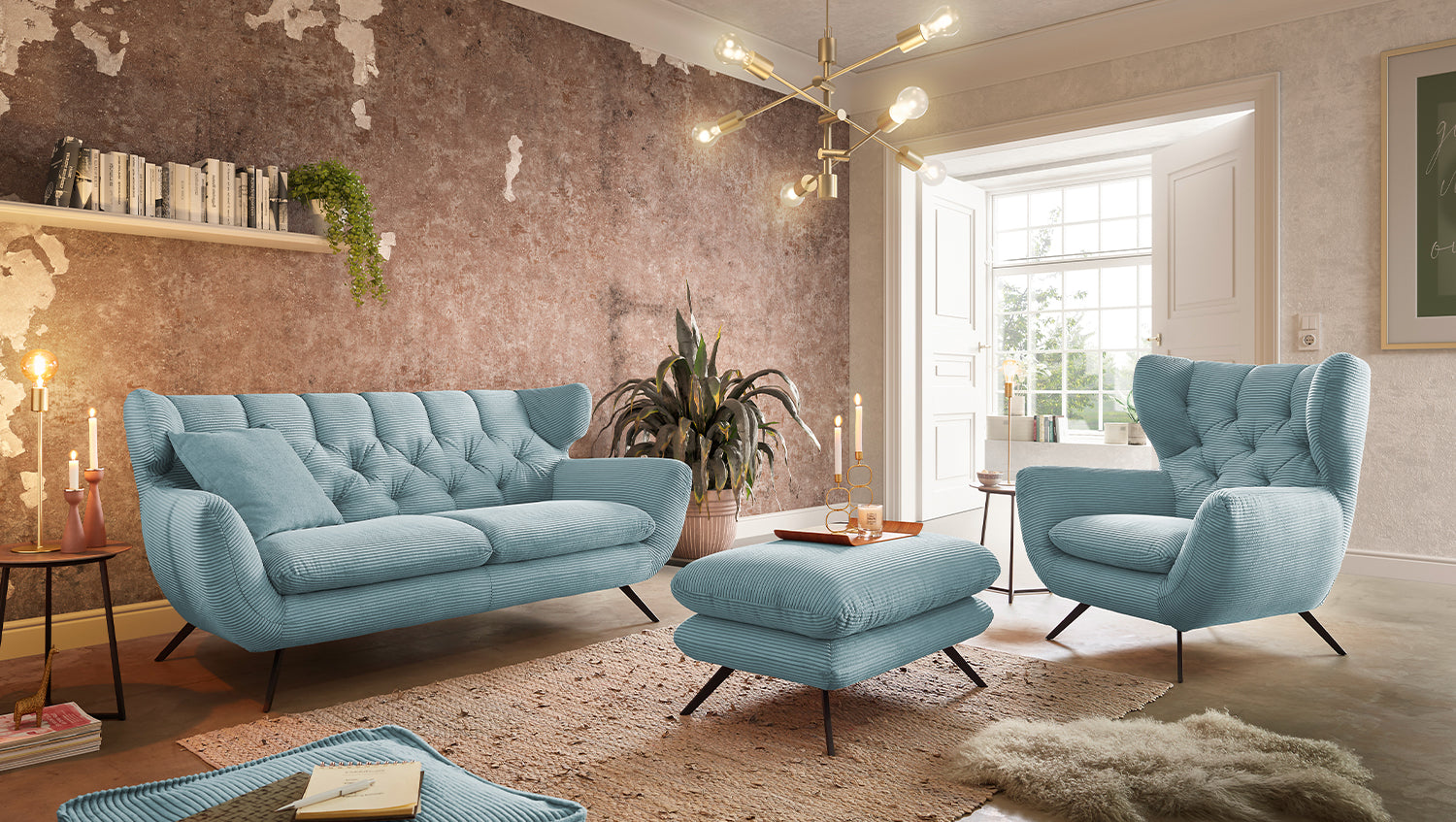 KAWOLA Sitzgruppe CHARME Sofa Sessel Hockerbank Cord hellblau, 3-Sitzer