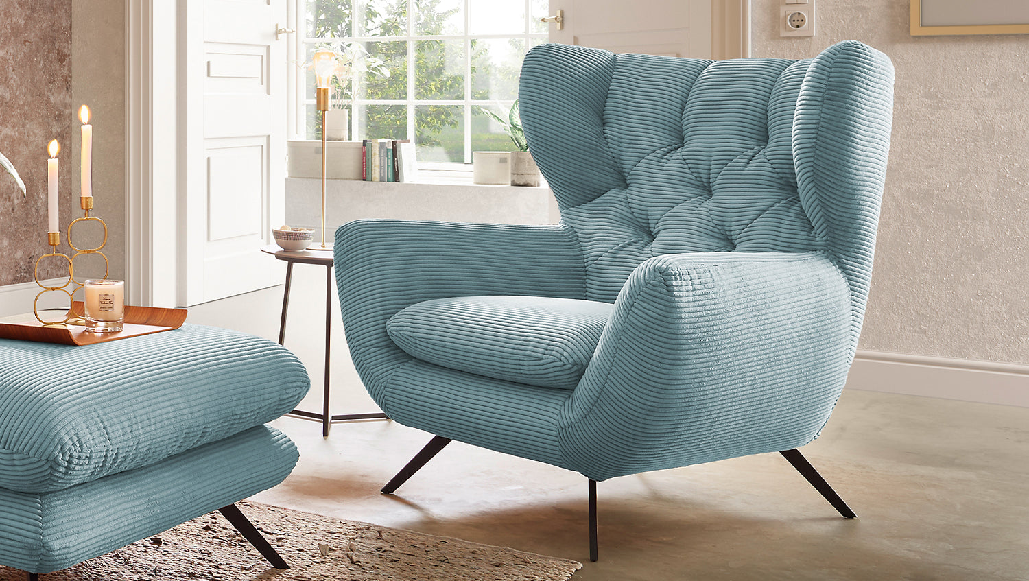 KAWOLA Sitzgruppe CHARME Sofa Sessel Hockerbank Cord hellblau