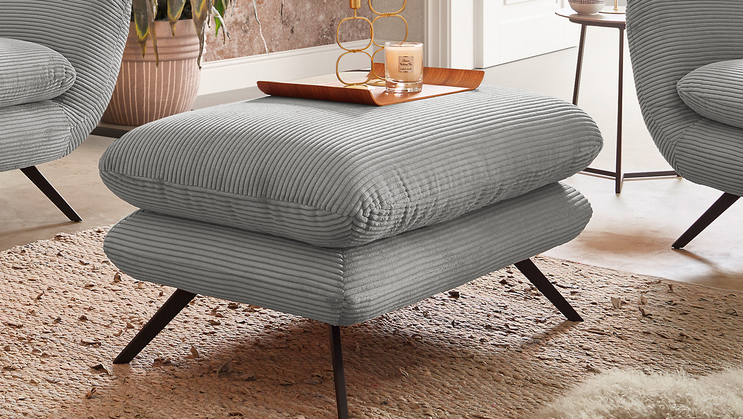 KAWOLA Sitzgruppe CHARME Sofa Sessel Hockerbank Cord hellgrau