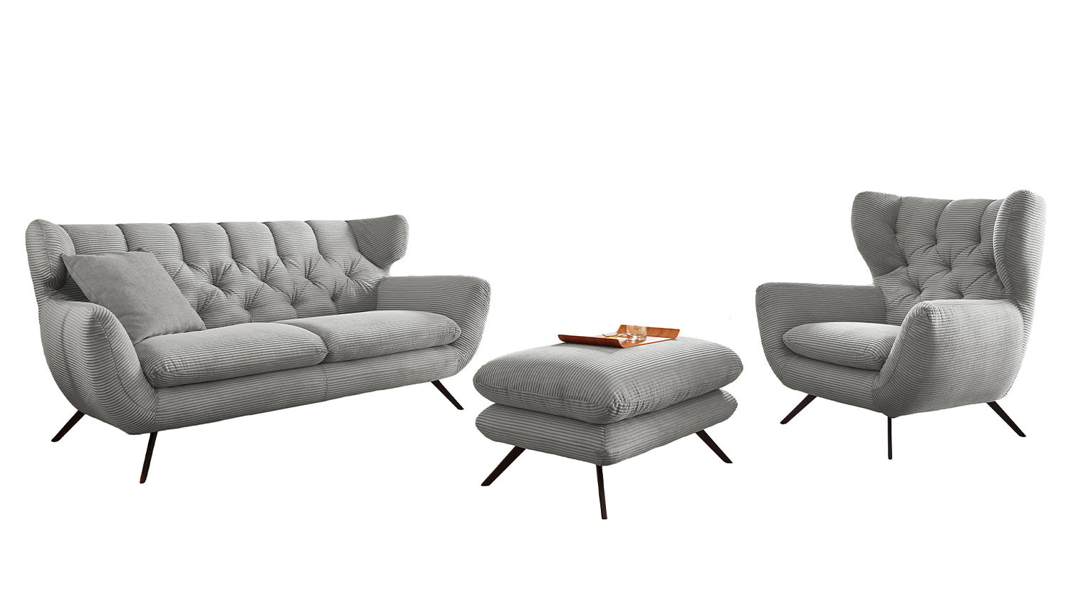 KAWOLA Sitzgruppe CHARME Sofa Sessel Hockerbank Cord hellgrau