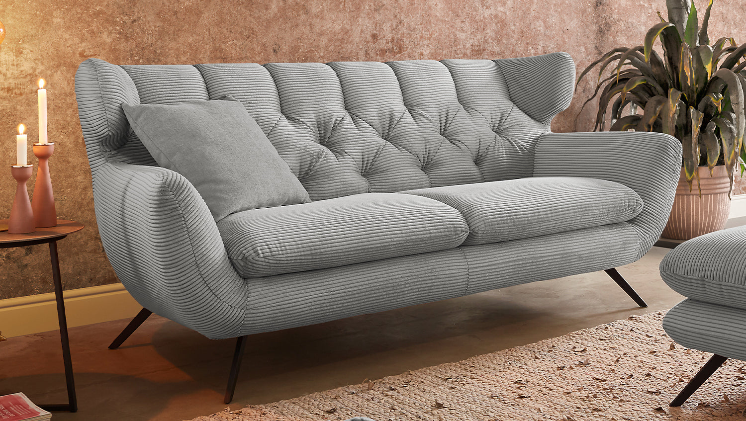 KAWOLA Sitzgruppe CHARME Sofa Sessel Hockerbank Cord hellgrau