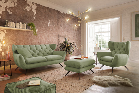 KAWOLA Sitzgruppe CHARME Sofa Sessel Hockerbank Cord olivgrün, 2.5-Sitzer