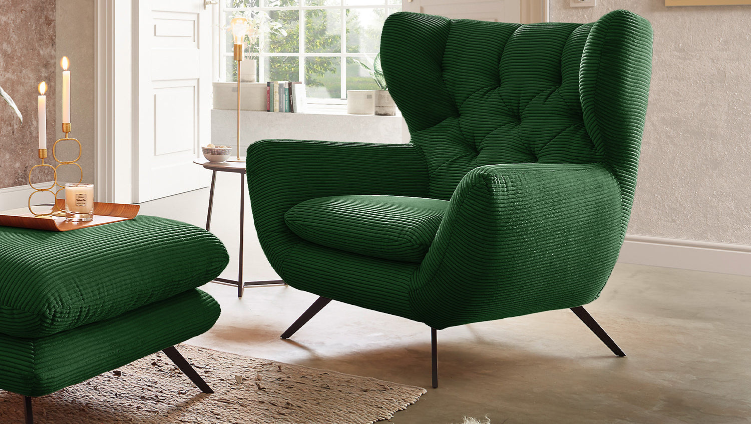 KAWOLA Sitzgruppe CHARME Sofa Sessel Hockerbank Cord smaragd