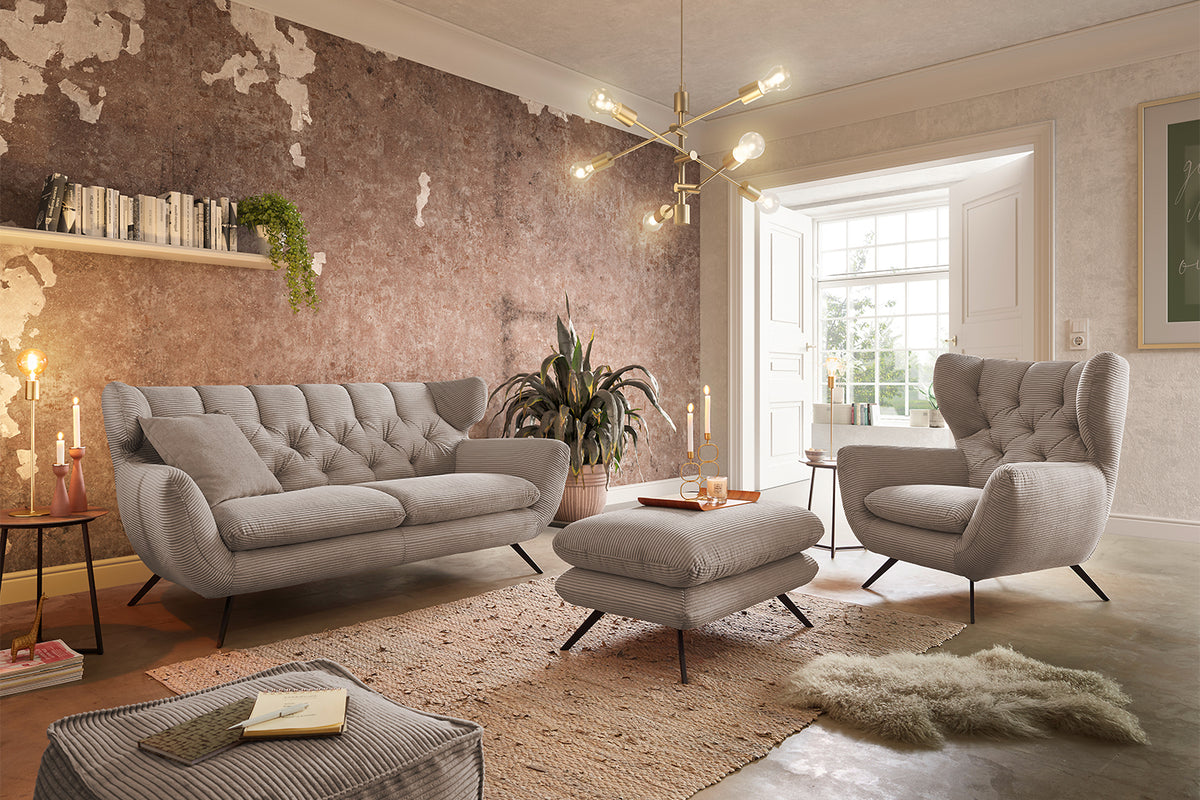 KAWOLA Sitzgruppe CHARME Sofa Sessel Hockerbank Cord taupe, 3-Sitzer