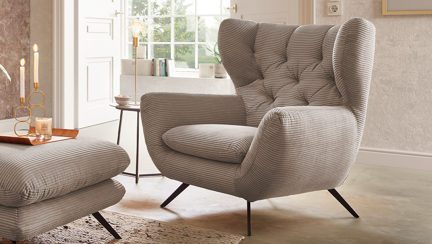KAWOLA Sitzgruppe CHARME Sofa Sessel Hockerbank Cord taupe