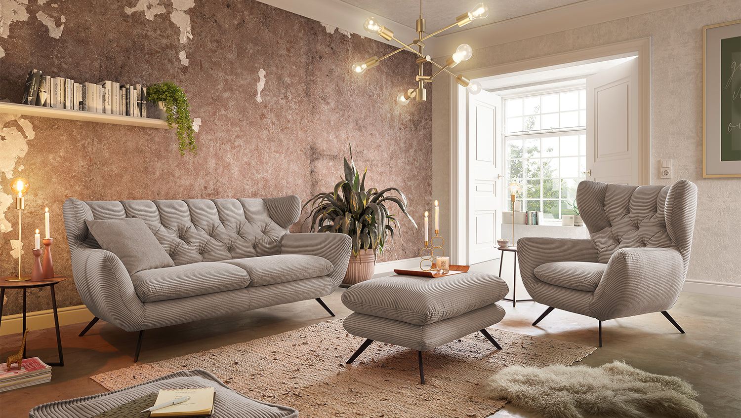 KAWOLA Sitzgruppe CHARME Sofa Sessel Hockerbank Cord taupe, 4-Sitzer