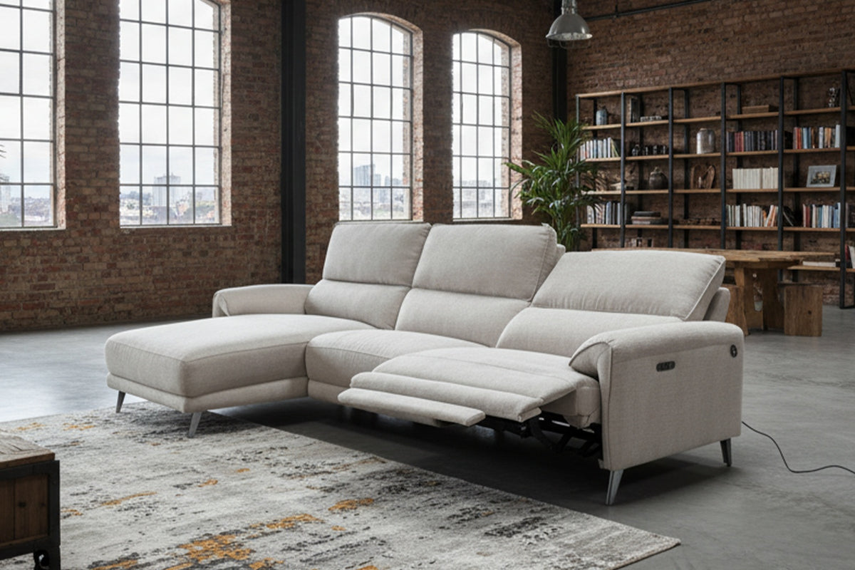 KAWOLA Sofa ADRIANA Ecksofa mit Relaxfunktion Stoff hellgrau