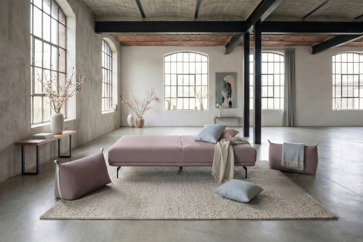 KAWOLA Sofa CANE Schlafsofa Daybed Stoff lila