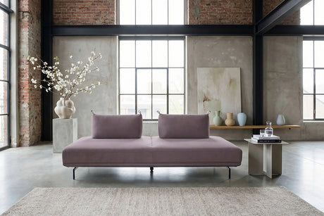 KAWOLA Sofa CANE Schlafsofa Daybed Stoff lila, ohne Armlehnkissen