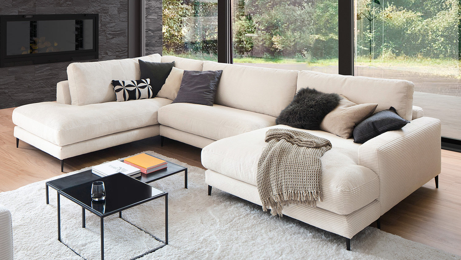 KAWOLA Sofa CARA Wohnlandschaft U-Form Cord cremeweiß
