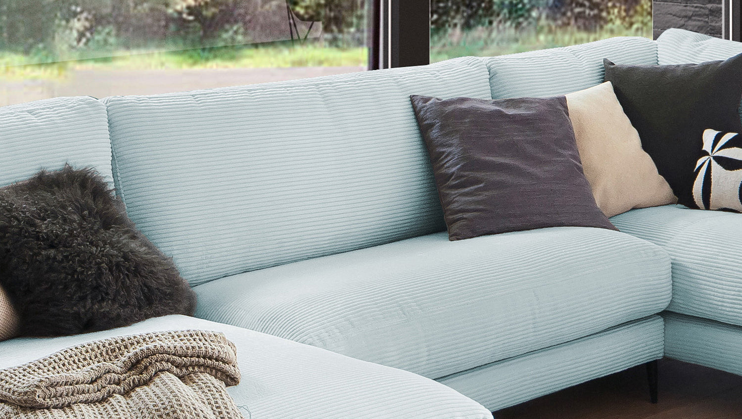 KAWOLA Sofa CARA Wohnlandschaft U-Form Cord hellblau