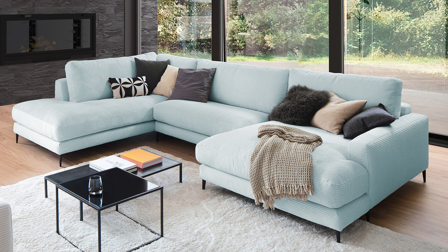 KAWOLA Sofa CARA Wohnlandschaft U-Form Cord hellblau
