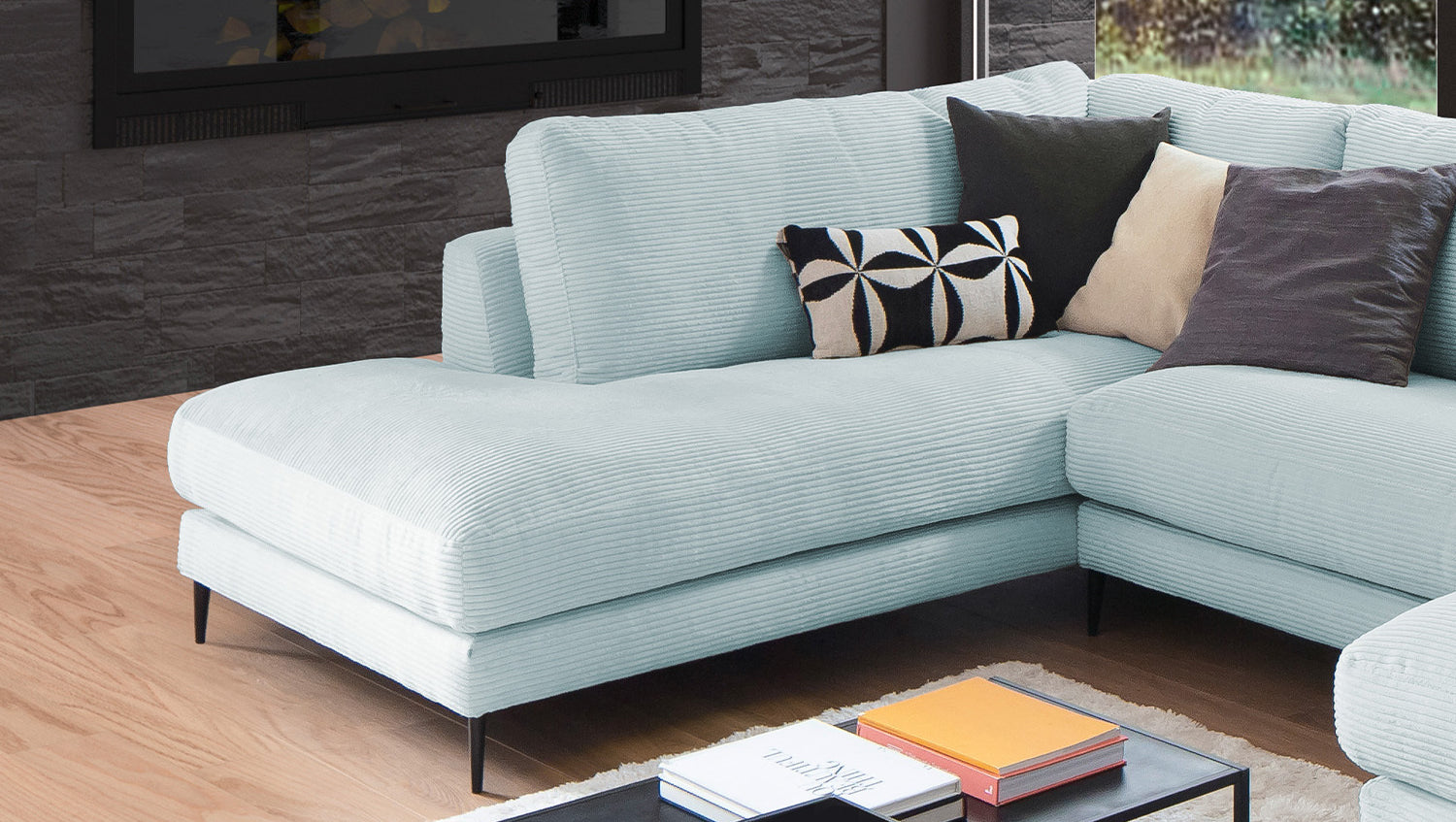 KAWOLA Sofa CARA Wohnlandschaft U-Form Cord hellblau