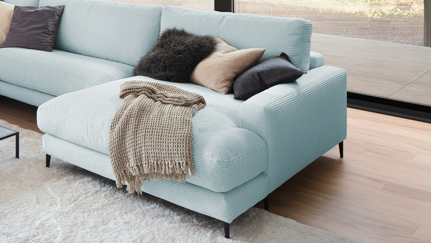 KAWOLA Sofa CARA Wohnlandschaft U-Form Cord hellblau
