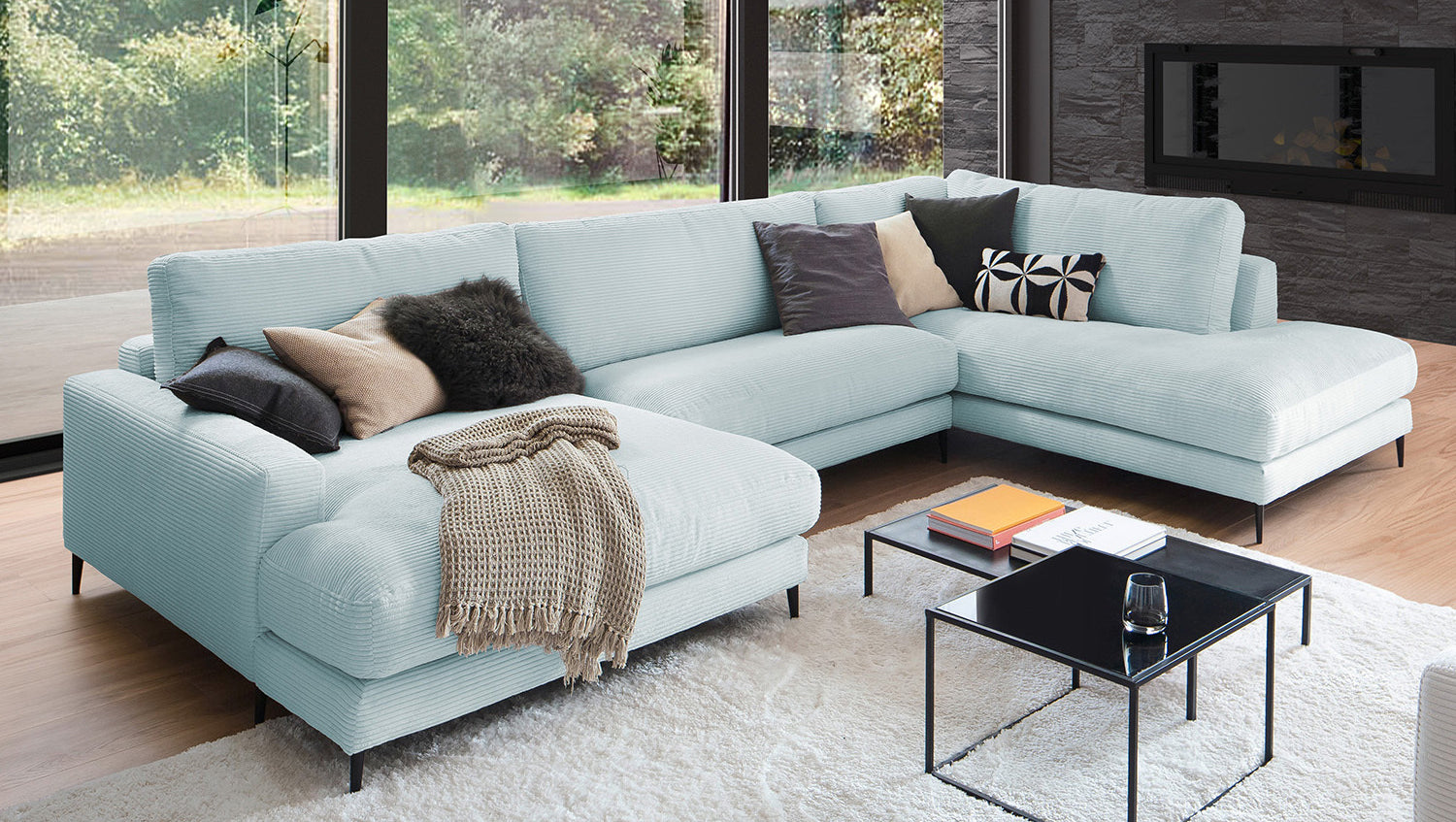 KAWOLA Sofa CARA Wohnlandschaft U-Form Cord hellblau
