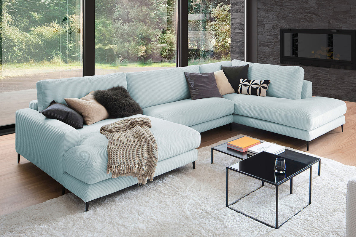 KAWOLA Sofa CARA Wohnlandschaft U-Form Cord hellblau