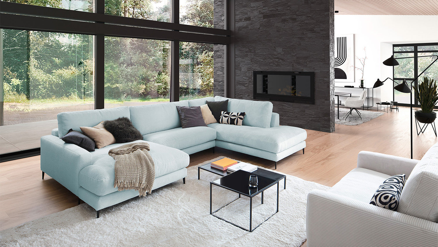 KAWOLA Sofa CARA Wohnlandschaft U-Form Cord hellblau, Links