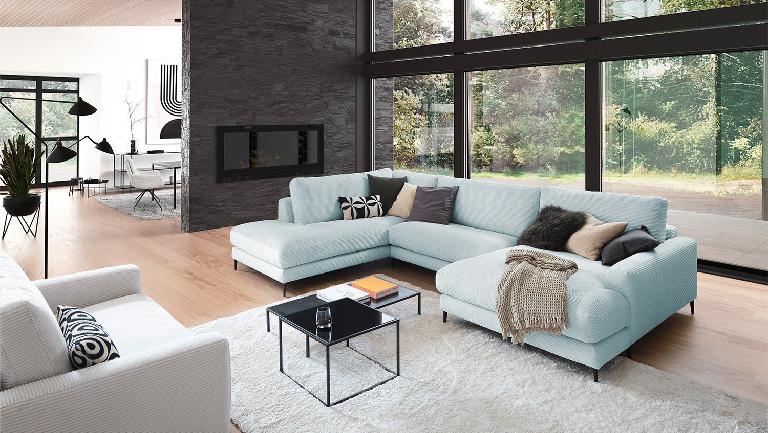 KAWOLA Sofa CARA Wohnlandschaft U-Form Cord hellblau, Rechts