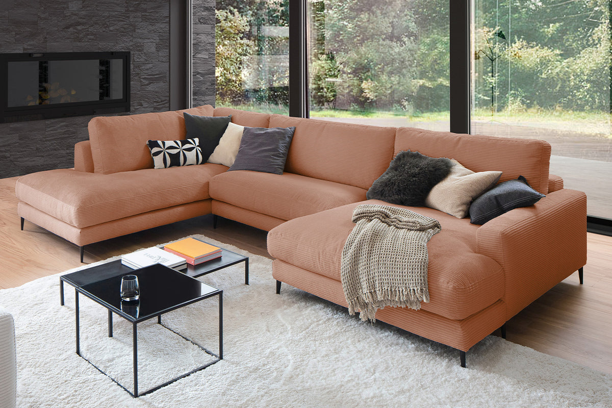 KAWOLA Sofa CARA Wohnlandschaft U-Form Cord rost