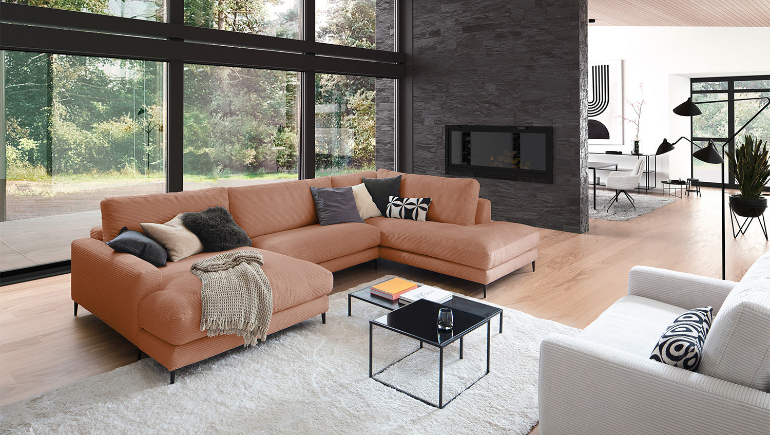KAWOLA Sofa CARA Wohnlandschaft U-Form Cord rost, Links