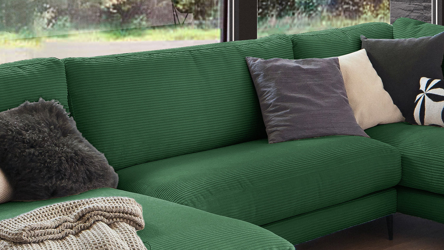 KAWOLA Sofa CARA Wohnlandschaft U-Form Cord smaragd