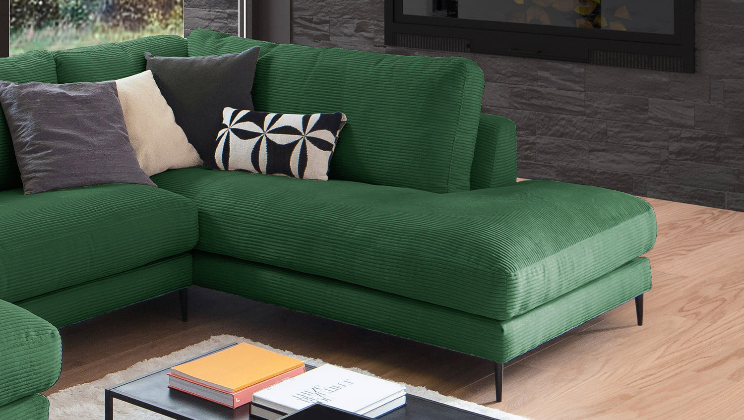 KAWOLA Sofa CARA Wohnlandschaft U-Form Cord smaragd