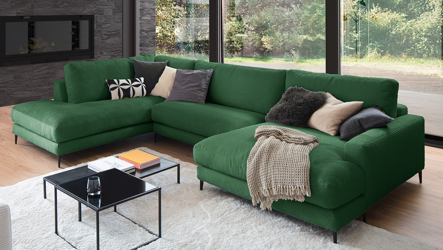 KAWOLA Sofa CARA Wohnlandschaft U-Form Cord smaragd