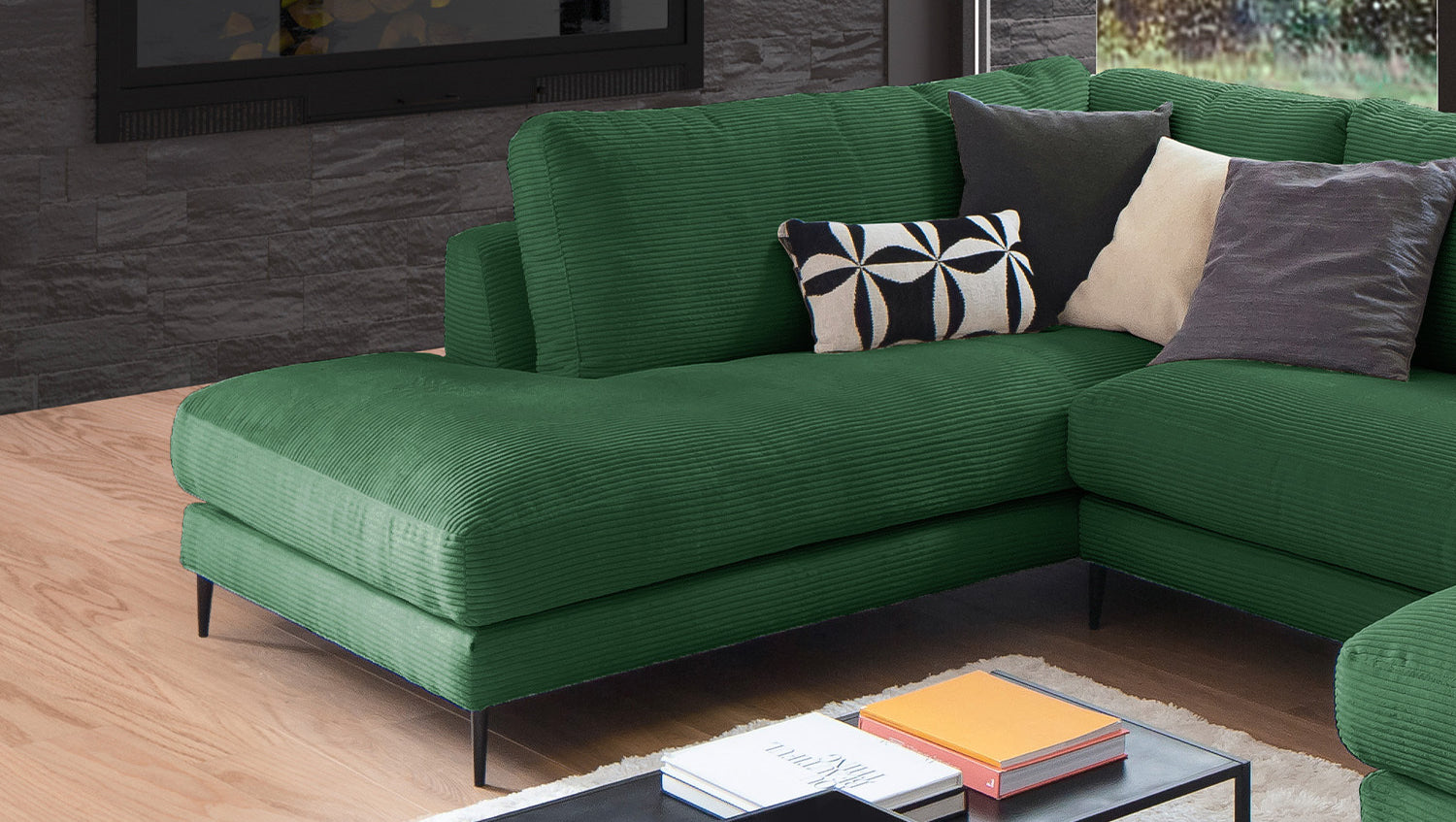 KAWOLA Sofa CARA Wohnlandschaft U-Form Cord smaragd