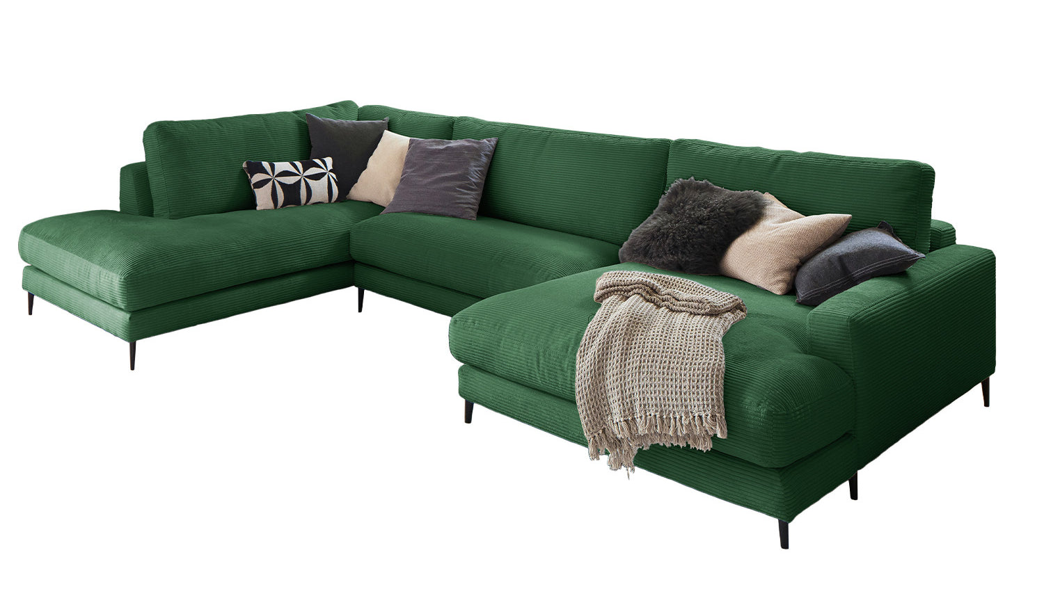 KAWOLA Sofa CARA Wohnlandschaft U-Form Cord smaragd