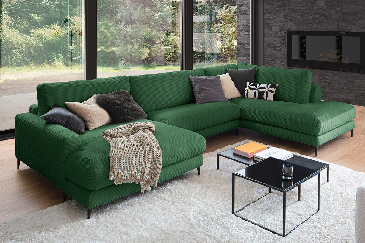 KAWOLA Sofa CARA Wohnlandschaft U-Form Cord smaragd