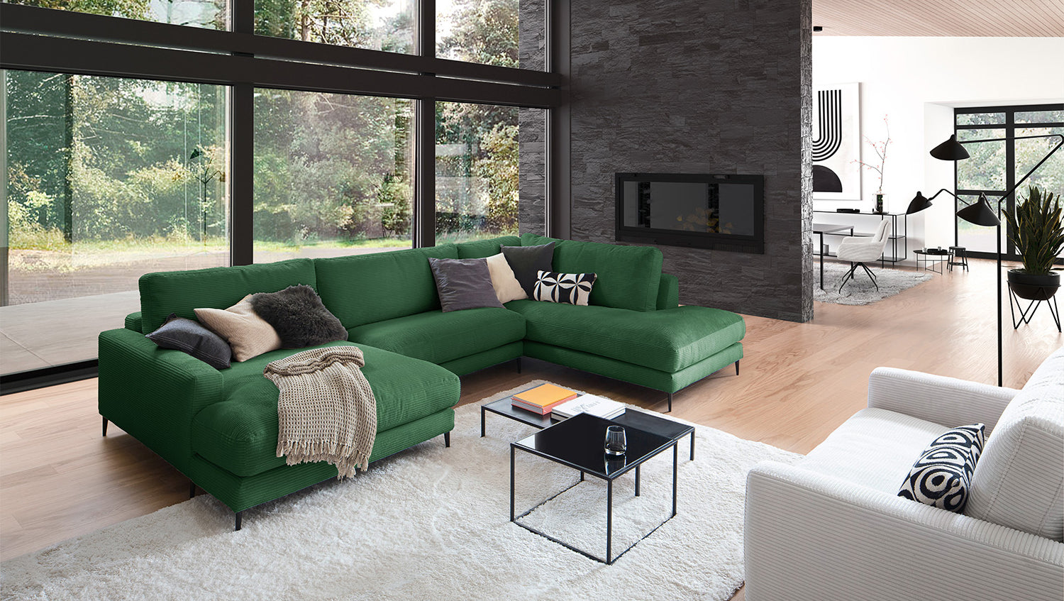 KAWOLA Sofa CARA Wohnlandschaft U-Form Cord smaragd, Links
