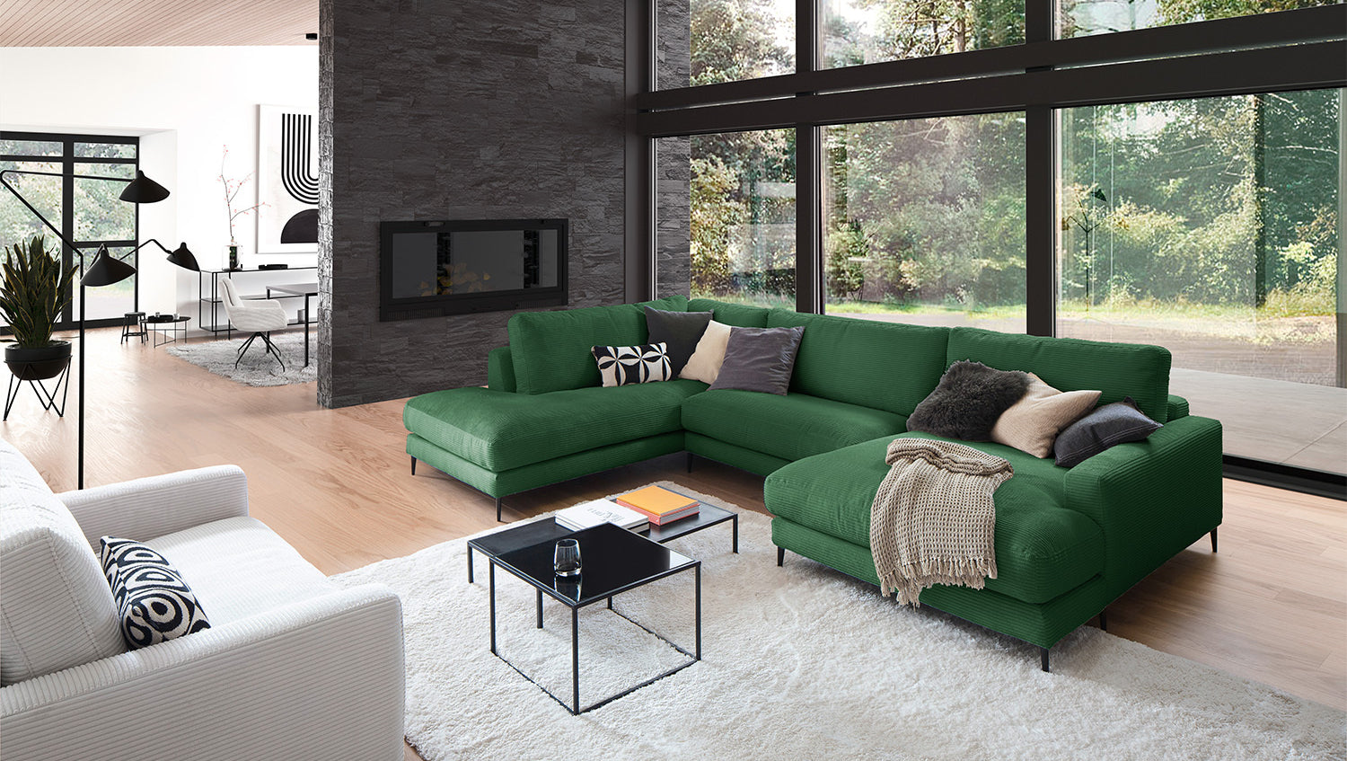 KAWOLA Sofa CARA Wohnlandschaft U-Form Cord smaragd, Rechts