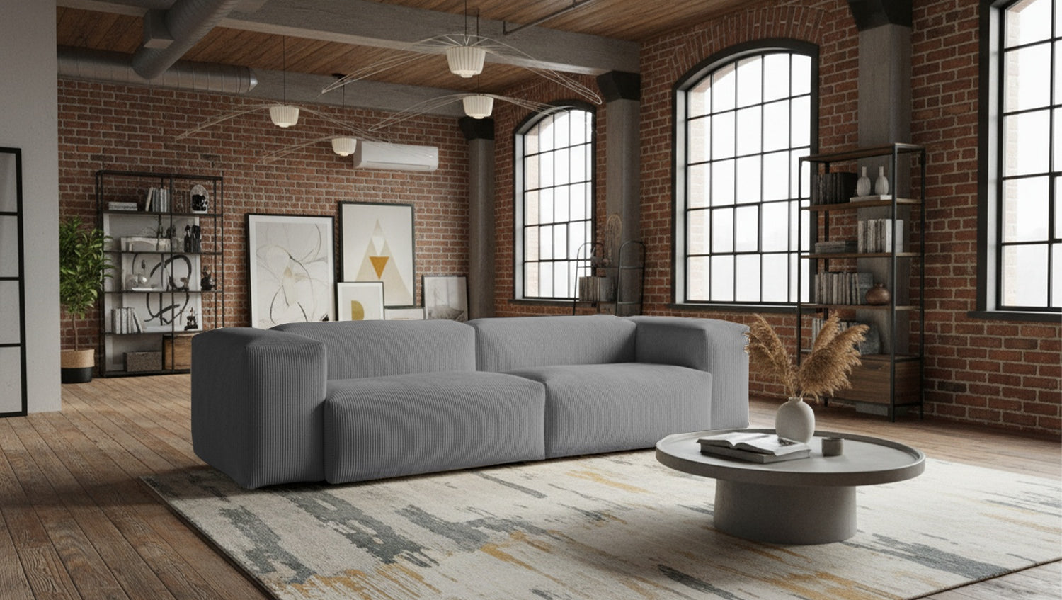 KAWOLA Sofa CELESTE 4-Sitzer mit Hocker Cord grau